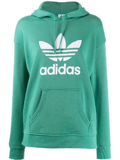 Shop Adidas Originals Adicolor Trefoil-print Cotton Hoodie In Green