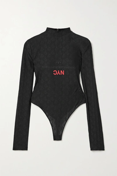 Shop Adidas Originals By Alexander Wang Printed Stretch-lace Turtleneck Thong Bodysuit In Black