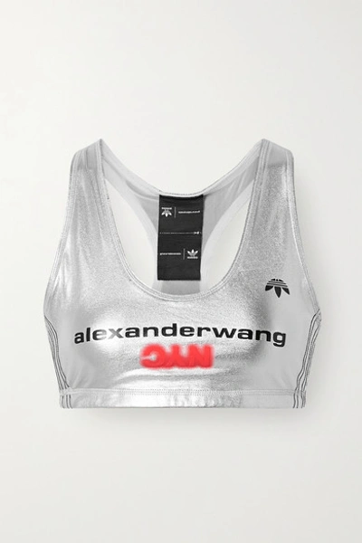 Shop Adidas Originals By Alexander Wang Printed Metallic Stretch-cotton Jersey Sports Bra In Silver