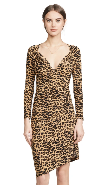 Shop Norma Kamali Long Sleeve Sweetheart Side Drap Dress In Golden Leopard
