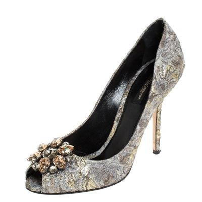 Pre-owned Dolce & Gabbana Grey Floral Print Brocade Fabric Bellucci Crystal Embellished Pointed Toe Pumps Size 39