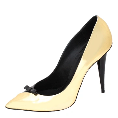 Pre-owned Giuseppe Zanotti Guiseppe Zannotti Black/gold Patent Leather Bow Pointed Toe Pumps Size 40