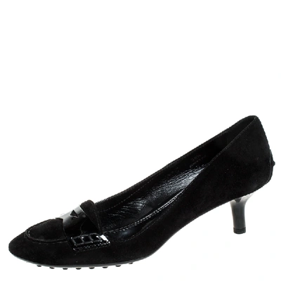 Pre-owned Tod's Black Suede And Patent Leather Penny Loafer Pumps Size 38.5