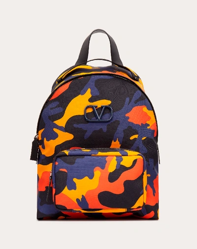 Shop Valentino Garavani Uomo Camouflage Nylon Backpack In Navy Camo/orange