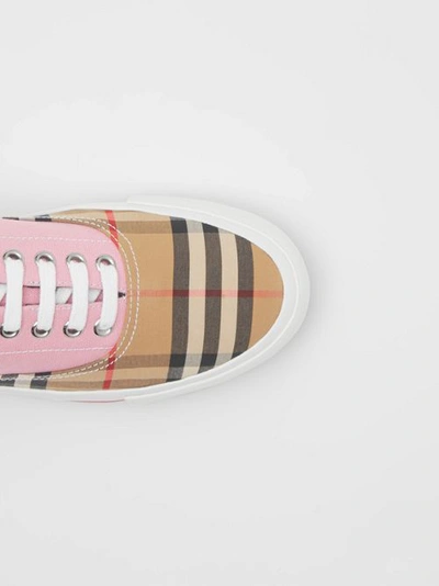 Shop Burberry Vintage Check, Cotton Canvas And Suede Sneakers In Archive Beige/pink
