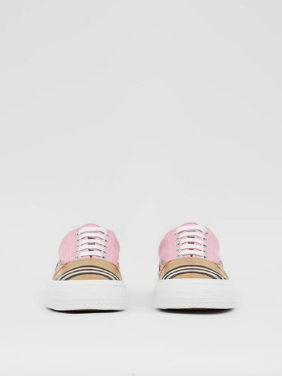 Shop Burberry Vintage Check, Cotton Canvas And Suede Sneakers In Archive Beige/pink