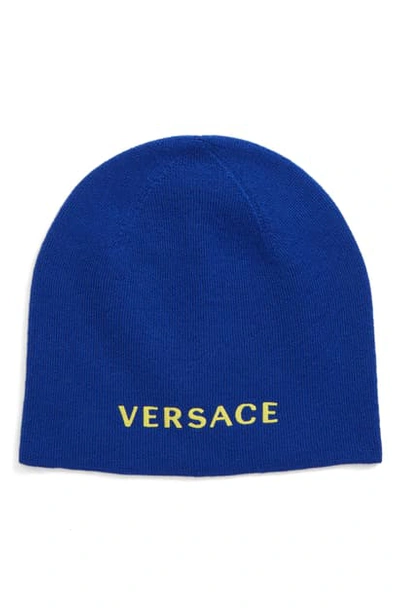 Shop Versace Logo Knit Wool Beanie In Blue