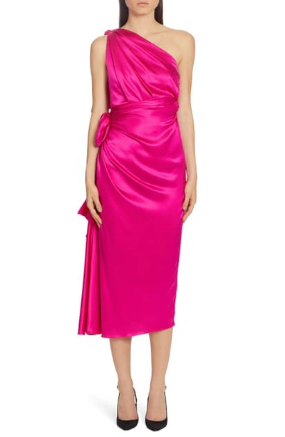 Shop Dolce & Gabbana One-shoulder Silk Satin Midi Dress In Shocking Pink