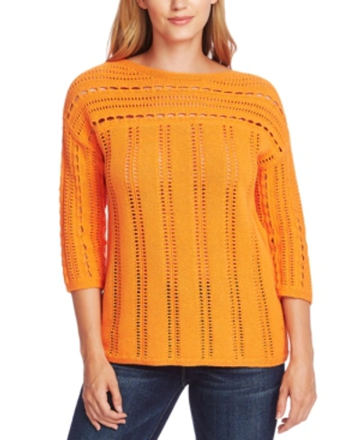 Shop Vince Camuto Cotton Open-stitch Boat-neck Sweater In Electric Orange