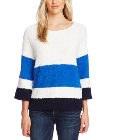 Shop Vince Camuto Striped Elbow-sleeve Teddy Bear Sweater In Deep River
