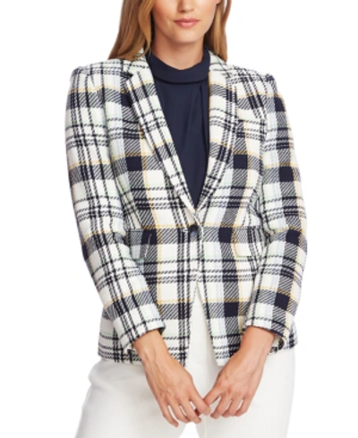 Shop Vince Camuto Cotton Plaid-print Single-button Blazer In Pearl Ivory