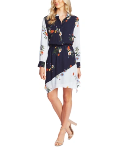 Shop Vince Camuto Floral Print-blocked Shirtdress In Caviar