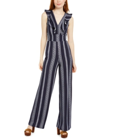 Shop Almost Famous Juniors' Ruffled Open-back Jumpsuit In Navy/white