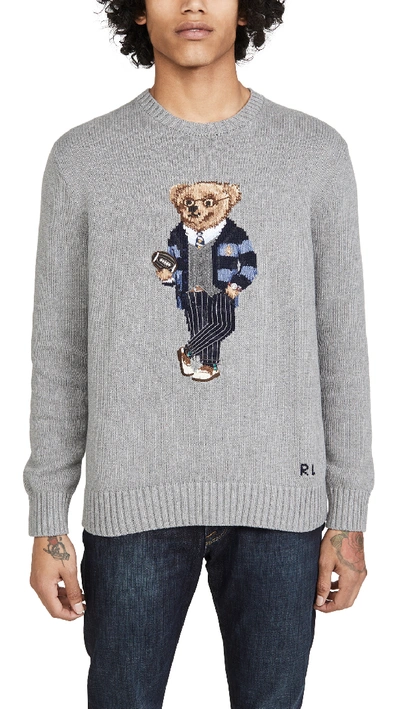 Shop Polo Ralph Lauren Long Sleeve Bear Sweater In Grey