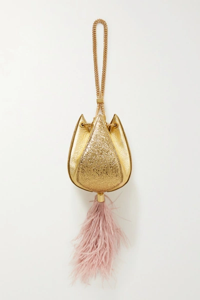 Shop The Volon Cindy Mini Feather-trimmed Metallic Textured-leather Clutch In Gold