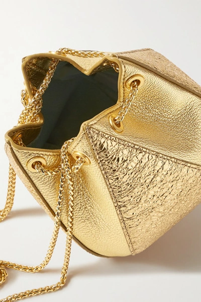 Shop The Volon Cindy Mini Feather-trimmed Metallic Textured-leather Clutch In Gold