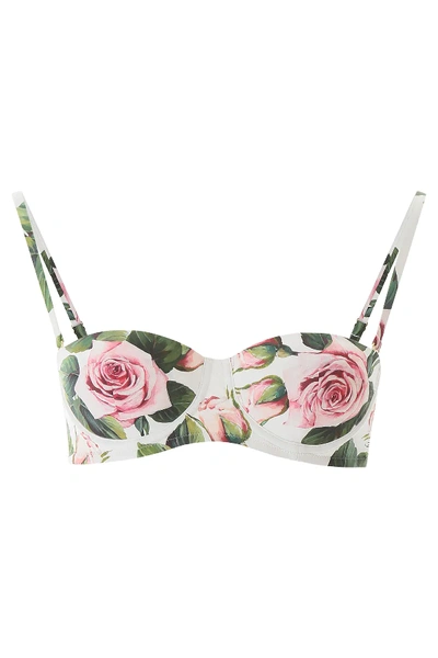 Shop Dolce & Gabbana Balcony Bikini Top With Tropical Rose Print In White,pink,green