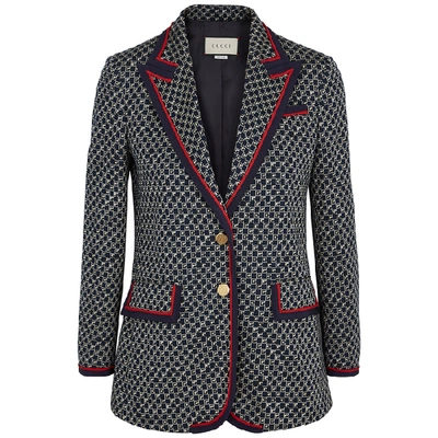 Shop Gucci Gg Monogrammed Cotton-jersey Blazer In Blue