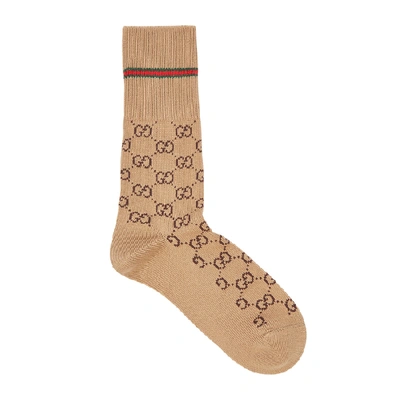 Shop Gucci Gg Supreme Monogrammed Cotton-blend Socks In Brown