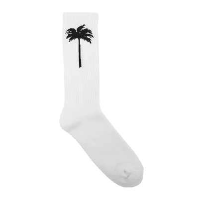 Shop Palm Angels White Palm Tree-intarsia Cotton-blend Socks In White And Black