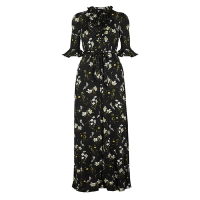 Shop Erdem Farrell Black Floral-print Satin-jersey Gown In Black And White