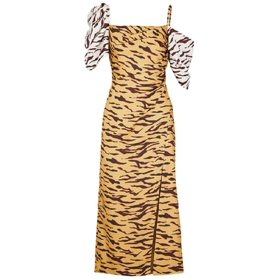 Shop Rejina Pyo Amelia Tiger-print Satin-twill Midi Dress In Beige
