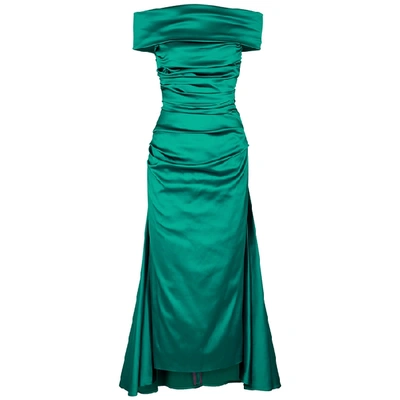 Shop Talbot Runhof Bozica Teal Off-the-shoulder Satin Dress In Green