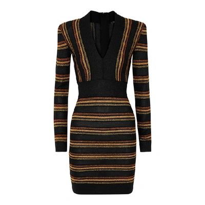 Shop Balmain Striped Metallic-knit Mini Dress In Black