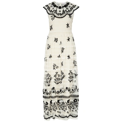 Shop Red Valentino Ivory Floral-embroidered Tulle Maxi Dress In White And Black