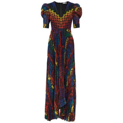Shop Alice And Olivia Haven Feather-print Chiffon Maxi Dress In Multicoloured