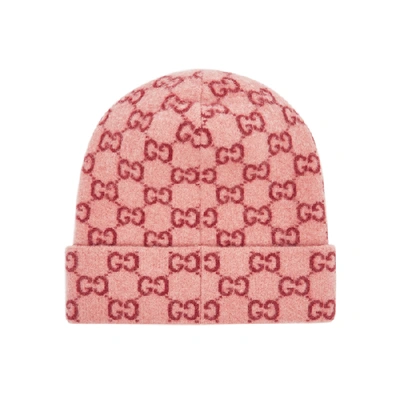 Shop Gucci Gg Logo-intarsia Wool Beanie In Pink