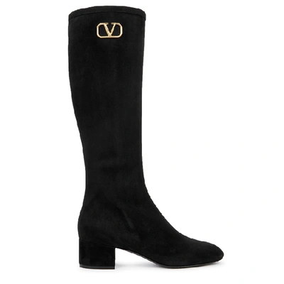 Shop Valentino Garavani Vlogo 45 Black Suede Knee-high Boots