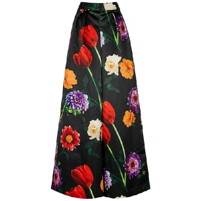Shop Alice And Olivia Inez Floral-print Wide-leg Trousers In Black