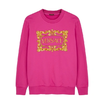 Shop Versace Fuchsia Logo-embroidered Cotton Sweatshirt In Pink