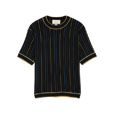 Shop Gucci Striped Metallic-knit Wool-blend Top In Black