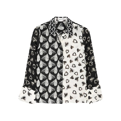 Shop Alice And Olivia Willa Heart-print Silk Blouse In Black And White