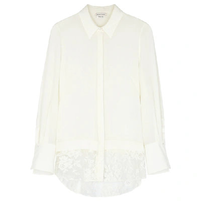 Shop Alexander Mcqueen Ivory Lace-trimmed Silk-chiffon Blouse In White