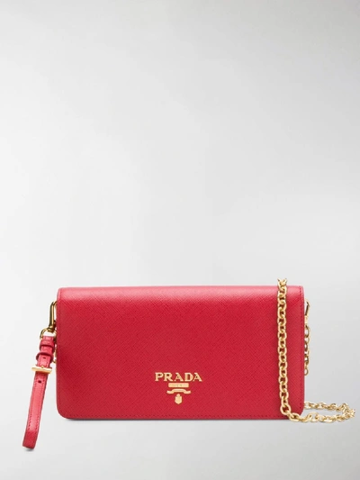 Shop Prada Saffiano Logo Plaque Mini Bag In Red