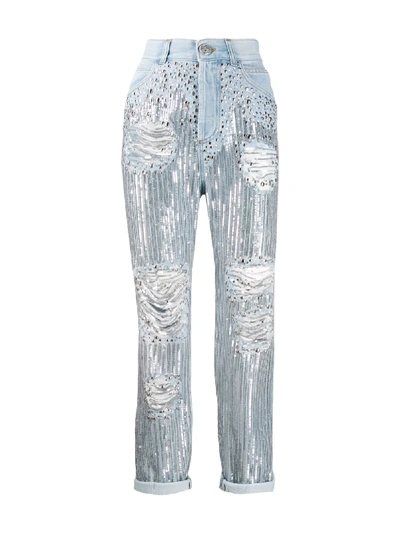 Shop Balmain High-rise Sequin Boyfriend Jeans In Blue