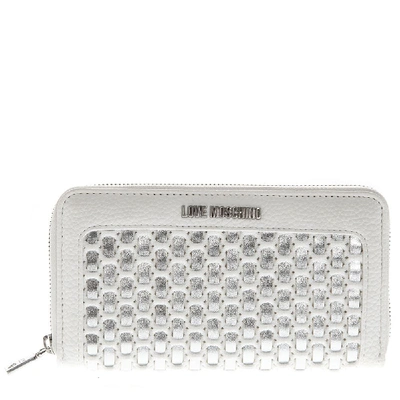 Shop Moschino Zip Around Wallet In White And Silver Eco Leather