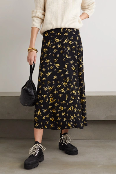 Shop Ganni Floral-print Crepe Skirt In Black