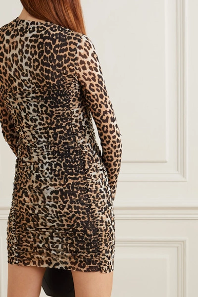 Shop Ganni Ruched Leopard-print Stretch-mesh Mini Dress In Leopard Print