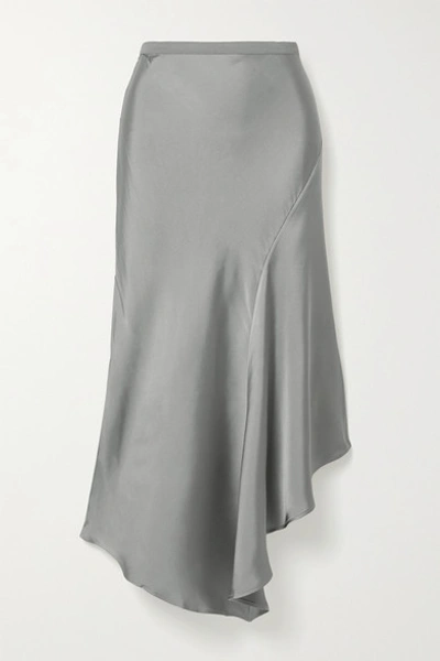 Shop Anine Bing Bailey Asymmetric Silk-charmeuse Midi Skirt In Silver