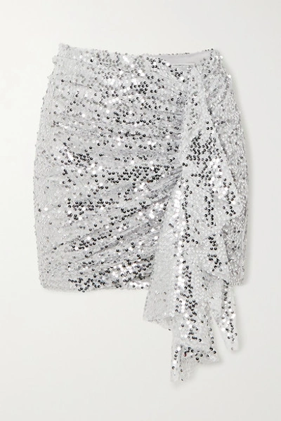 Shop In The Mood For Love Emely Ruched Sequined Chiffon Mini Skirt In Silver