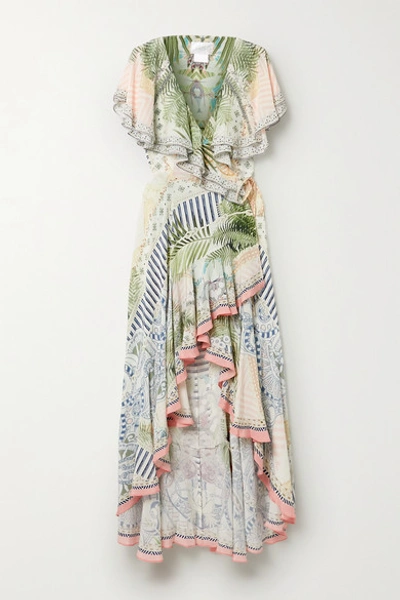 Shop Camilla Ruffled Crystal-embellished Printed Silk-crepe Wrap Maxi Dress In White