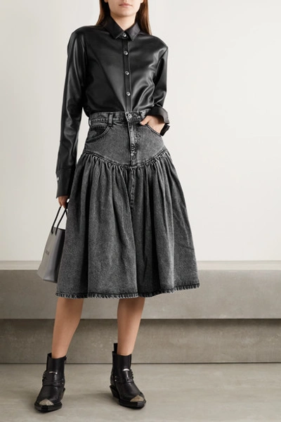 Shop Pushbutton Acid-wash Denim Midi Skirt In Gray