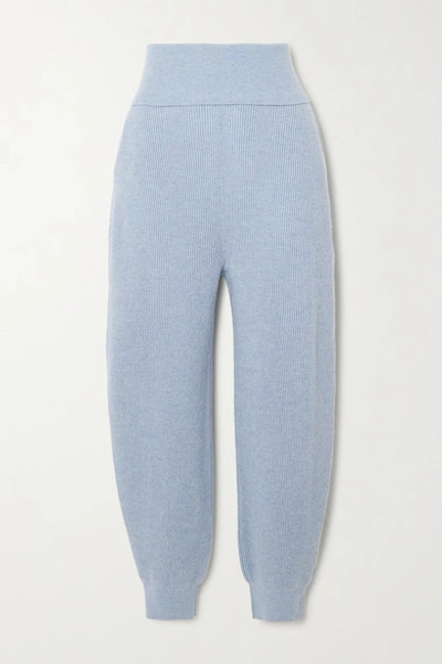 Shop Stella Mccartney Ribbed Cashmere And Wool-blend Tapered Pants In Blue