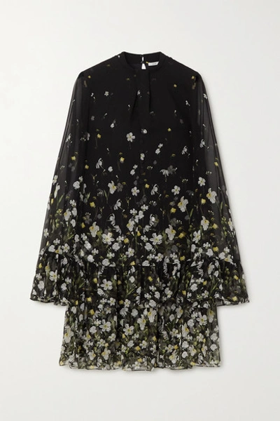 Shop Erdem Concetta Tiered Floral-print Silk-chiffon Mini Dress In Black