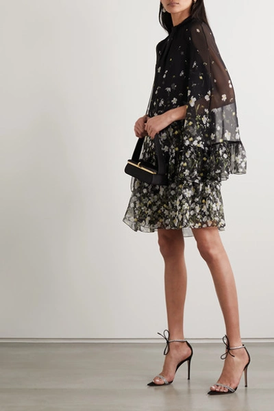 Shop Erdem Concetta Tiered Floral-print Silk-chiffon Mini Dress In Black