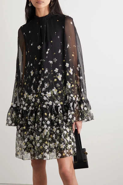Shop Erdem Concetta Tiered Floral-print Silk-chiffon Mini Dress In Black